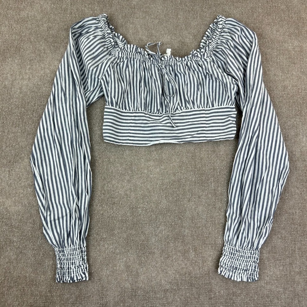 Aerie Woven Pretty Cropped Top Womens XS Navy Soft‎ Woven Cinched Cuffed Wrists